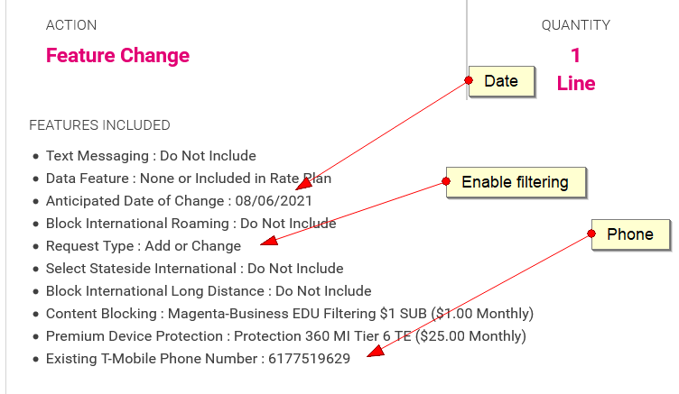 Picture of filtering feature change order receipt showing type of change and date of change